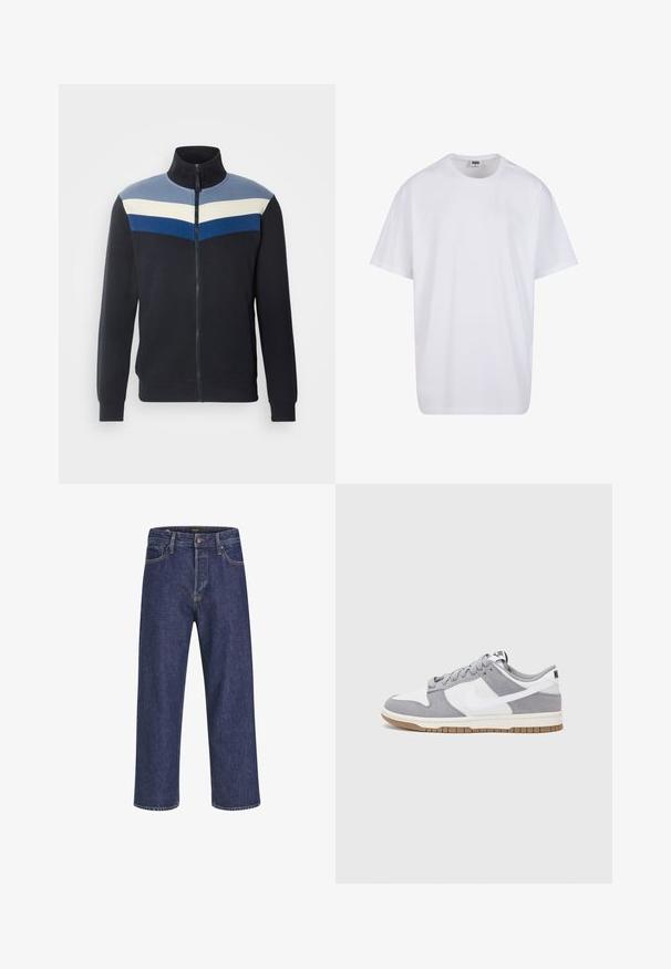 Navy zip-up sweatshirt with high collar, featuring horizontal stripes in light blue, cream, and dark blue across the chest.; White cotton t-shirt with short sleeves, rounded neckline, relaxed fit, and no visible logos or patterns. Smooth texture and minimal design.; Dark blue denim jeans with a straight cut, five-pocket design, metal button closure, and contrasting stitching, featuring a subtle texture.; Gray and white sneaker with a suede and leather upper, rounded toe, flat laces, and a rubber sole featuring a gum accent.