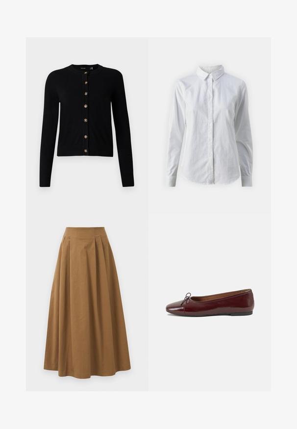Svart langermet cardigan med rund hals og åtte brune knapper foran, ribbede mansjetter og nederkant.; Hvit skjorte med knapper laget av glatt bomull, med klassisk krage, lange ermer og buet skjær. Knapper er små og hvite.; Brun bomull A-linje skjørt med høy midje, med folder foran og en jevn tekstur. Kantene er rene og enkle.; Burgunderrød lakk lær ballettleilighet med rund tå, liten sløyfe foran og en lav, svart gummisåle. Glatt tekstur.