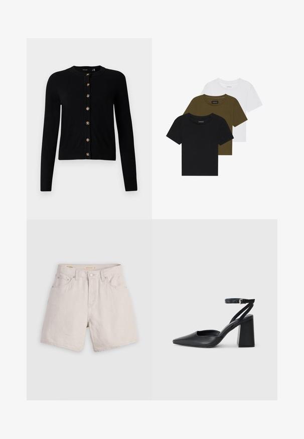 Cardigã preto de mangas longas com decote redondo e oito botões castanhos na frente, punhos e barra canelados.; Três t-shirts de decote redondo em preto, verde-azeitona e branco. Com mangas curtas, golas ribadas e um design ajustado.; Shorts de denim bege de cintura alta com fecho de botão à frente, passadores para cinto e design de cinco bolsos; leve com uma textura suave.; Sandal com biqueira afilada em couro preto, com cinta no tornozelo e salto grosso. Textura lisa, design elegante e estética minimalista.