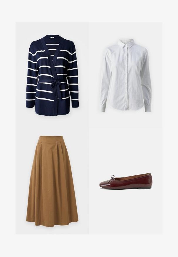 Cardigã listrado em azul-marinho e branco feito de tecido macio, com um design envolvente, mangas longas e um cinto amarrado na cintura.; Camisa branca de botão feita de algodão suave, com colarinho clássico, mangas longas e bainha curva. Os botões são pequenos e brancos.; Saia A-line de algodão castanho com cintura alta, apresentando pregas na parte da frente e uma textura suave. As bordas da bainha são limpas e simples.; Bailarinas em couro sintético borgonha com bico redondo, pequeno laço na frente e sola baixa em borracha preta. Textura suave.