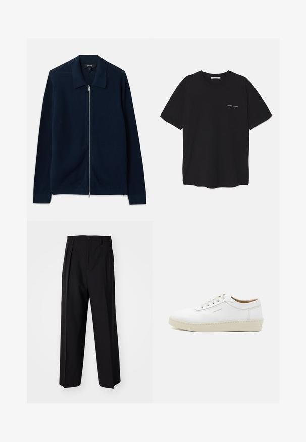 Navy modrá zipová kardigan vyrobená z žebrovaného materiálu, s strukturovaným límcem a dlouhými rukávy s pletenými manžetami.; Černé bavlněné tričko s kulatým výstřihem, krátkými rukávy a bílým logem potisknutým na levé straně hrudi. Jednoduchý, jednobarevný design.; Černé skládací kalhoty s rovnými, širokými nohavicemi. Vyrobené z hladké tkaniny, se zapínáním na knoflík a poutky na opasek.; Bílé kožené tenisky s texturovaným povrchem, kulatou špičkou, béžovou gumovou podrážkou a šesti šedými očky na šněrování, s jemným brandingem na boku.