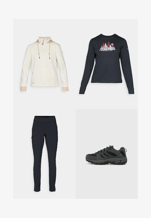 Világos bézs szövetdzseki halszálka mintával, teljes cipzárral, bézs szegéllyel ellátott kapucnival és zsinórokkal. Oldalsó zsebekkel és elasztikus mandzsettákkal rendelkezik.; Hosszú ujjú, sötétszürke ing piros fákkal és hegyekkel díszítve; a "COLUMBIA" logó vastag fehér betűkkel. Puha anyag, klasszikus kerek nyakkivágás.; Fekete sportnadrág karcsúsított fazonnal, rugalmas derékrésszel és cipzáras oldalzsebbel. Simító, elasztikus anyag minimális varrásokkal.; Columbia REDMOND - Túracipők - black/citron haze