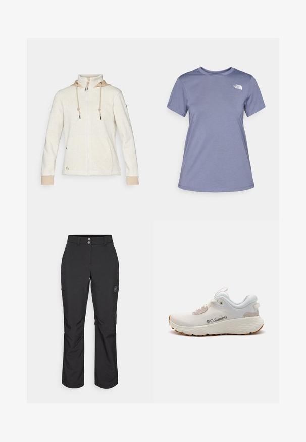 Lys beige fleecejakke med fiskebensmønster, full glidelås, hette med beige kant og snorer. Har sidelommer og elastiske mansjetter.; Lyseblå kortermet t-skjorte laget av mykt stoff, med rund hals og en liten hvit logo på venstre bryst.; Svart utebukser med rett snitt, med knappelukking, glidelåslommer på siden, og et logomerket på venstre lår.; Lettvekts Columbia treningssko i hvit mesh med en teksturert grå såle og gummitraction. Har en polstret krage og snøring.