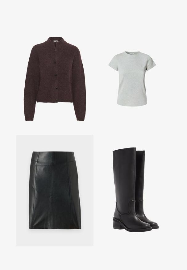 Cardigan din lână burgundy, cu decolteu rotund, închidere cu butoane pe față și mâneci lungi. Material moale, texturat, cu o croială ușor scurtă.; Tricou din bumbac gri, cu mâneci scurte și guler rotund. Textură netedă, croială clasică și fără modele sau embellishments vizibile.; Fustă neagră din piele, cu un design ajustat. Textură netedă, cusături care conturează forma și un tiv drept. Aspect minimalist și elegant.; Bocanci negri din piele, până la genunchi, cu o textură netedă, vârf rotunjit și toc masiv. Prezintă cusături subtile și un design fluid.
