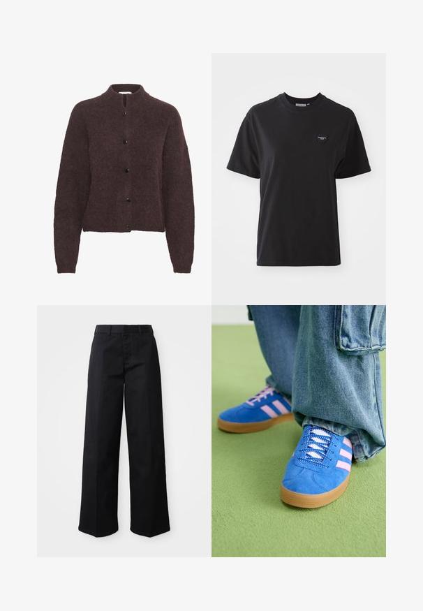 Bordeaux wollen cardigan met een ronde hals, voorzijde met knoopsluiting en lange mouwen. Zachte, geweven stof met een iets verkorte pasvorm.; Zwarte katoen t-shirt met een ronde hals, korte mouwen en een klein hartvormig logo linksboven. Soepele textuur, comfortabele pasvorm.; Zwarte wijde broek van zacht katoen. Voorzien van een klassieke tailleband, zijzakken en een rechte snit naar de zoom.; Blauwe suède schoenen met roze strepen en witte veters, voorzien van een gumrubberen zool, gecombineerd met losse denim broek op een groene ondergrond.