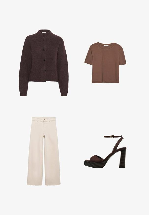 Bordový vlnený kardigán s okrúhlym výstrihom, zapínaním na prednej strane a dlhými rukávmi. Mäkko textúrovaná tkanina s mierne skráteným strihom.; Hnedé tričko s krátkym rukávom vyrobené z jemného materiálu, s okrúhlym výstrihom a voľným strihom. Žiadne viditeľné vzory ani akcenty.; Beige široké džínsy s vysokým pásom, s gombíkovým zapínaním, prednými vreckami a rozstrapkaným lemom. Vyrobené z denimu.; Hnedé semišové sandále na vysokom podpätku s otvorenou špičkou, nastaviteľným členkovým remienkom a pruhovanou platformovou podrážkou.