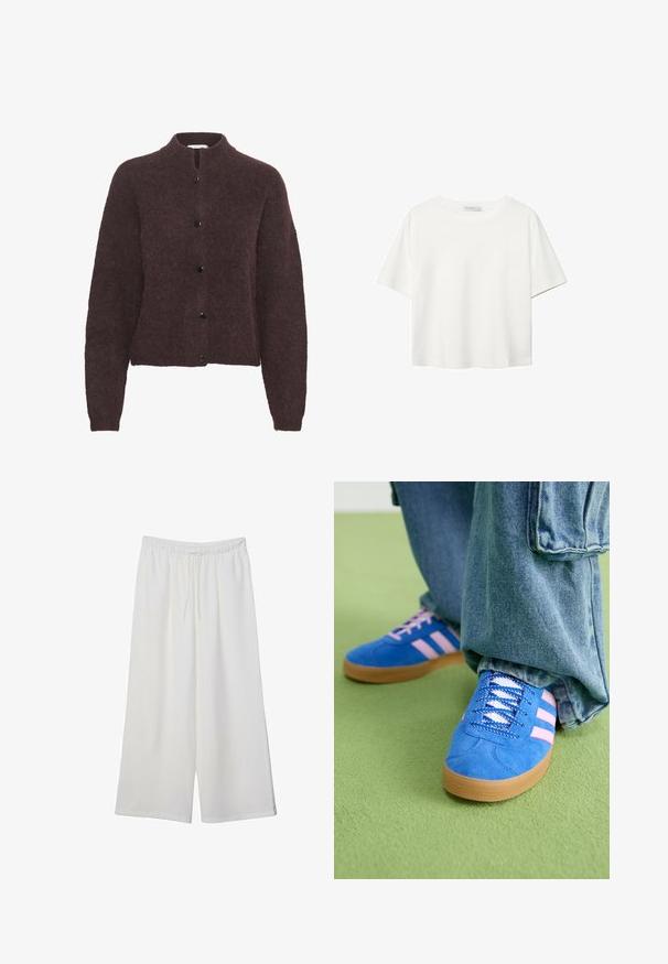 Bordový vlněný kardigan s kulatým výstřihem, předním zapínáním na knoflíky a dlouhými rukávy. Měkká, strukturovaná látka s mírně zkráceným střihem.; Bílý krátký rukáv tričko vyrobené z bavlny. Má kulatý výstřih a volný střih. Hladký materiál bez viditelných vzorů nebo akcentů.; Bílé kalhoty s širokými nohavicemi vyrobené z lehké tkaniny, s elastickým pasem a stahovací šňůrkou pro nastavitelnou velikost. Hladká textura.; Modré semišové boty s růžovými pruhy a bílými tkaničkami, vybavené gumovou podrážkou, spárované s volnými džínovými kalhotami na zeleném povrchu.