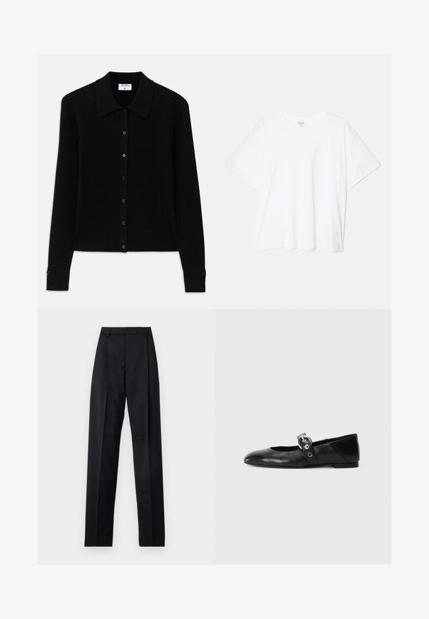Czarny kardigan prążkowany z długimi rękawami, w szpiczastym kołnierzem i zapięciem na guziki z przodu, wyposażony w małe okrągłe guziki. Teksturowany materiał dodaje głębi.; Biała bawełniana koszulka z krótkim rękawem, okrągłym dekoltem, luźnym krojem i przeszytym brzegiem. Metka widoczna wewnątrz dekoltu.; Czarne spodnie wykonane z gładkiego materiału, z wysokim stanem, szerokimi nogawkami, fałdami z przodu i klasycznymi szlufkami na pasek. Brak widocznych kieszeni bocznych.; Czarne skórzane baletki z wąskim noskiem, z paskiem z okrągłą metalową klamrą i płaską podeszwą.