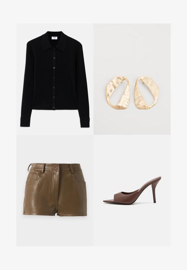 Melns ribots kardigāns ar garām piedurknēm, izteikta apkakle un priekšējā pogu aizdare ar maziem apaļiem pogām. Tekstūrēta auduma pievieno dziļumu.; Bieza piedurkņu balta T-krekls, izgatavots no ribota kokvilnas, ar apaļu kakla izgriezumu un taisnu apakšmalu. Vienkāršs dizains bez rakstiem vai akcentiem.; Brūnas mākslīgās ādas šorti ar piegulīgu dizainu, jostasvieta ar jostu cilpiņām, priekšējām kabatām un redzamām šuvju detaļām.; Brūni ādas atvērtas pirksta augstpapēžu čības ar elegantu dizainu, kas iezīmējas ar plašu priekšējo siksniņu un slaidu stiletto papēdi.; Pāris neregulāras ovālas formas zelta toņos metāla auskaru ar teksturētu, nedaudz sitētu virsmu uz baltas fona.