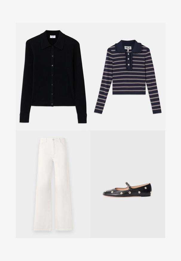 Zwarte geribbelde cardigan met lange mouwen, spitse kraag en sluiting met knopen aan de voorkant met kleine ronde knopen. De gewerkte stof voegt diepte toe.; Marineblauw langarmshirt met roze horizontale strepen, geplooide kraag en drie knopen aan de voorkant; gemaakt van een zachte, rekbare stof.; Witte, hoogwaist, wijde jeans van denim. Heeft een knoopsluiting, twee voorkruiszakken en zijnaadstiksel details.; Zwarte leren Mary Jane ballerina met een ronde neus, voorzien van zilveren ronde studs en een verstelbaar bandje met een gesp.