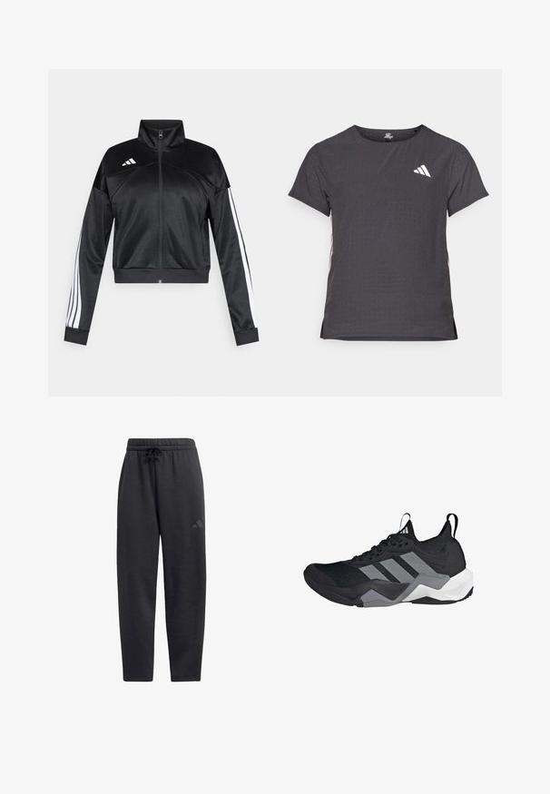 Čierna krátka bunda z hladkého materiálu, vybavená vysokým golierom, zipsovým zapínaním a bielymi pruhmi po bokoch na rukávoch. Logo na ľavom ramene.; Tričko s krátkym rukávom pre šport, tmavosivé s perforovanou textúrou. Obsahuje biele logo a kontrastné bočné pruhy. Okrúhly výstrih.; Čierne tepláky vyrobené z mäkkej látky, s elastickým pásom na sťahovanie, rovnými nohavicami a diskrétnym logom na stehne.; Čierna športová obuv s priedušným sieťovaným zvrškom, šedými akcentmi, textúrovanou podrážkou a tromi výraznými pruhmi po boku.