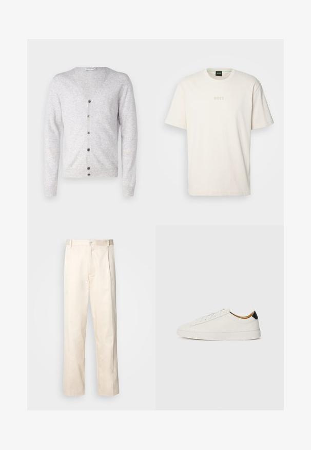 pure cashmere MEN V NECK CARDIGAN - Casaco de malha - grey; BOSS TEE - T-shirt básica - open white; Calças de algodão bege com corte reto, apresentando um fecho de botão e pregas na frente para um detalhe adicional.; Sapatilhas brancas com um cabedal em couro liso, bico redondo e sola plana. Detalhe preto no calcanhar, com atacadores tonais e uma marcação minimalista.