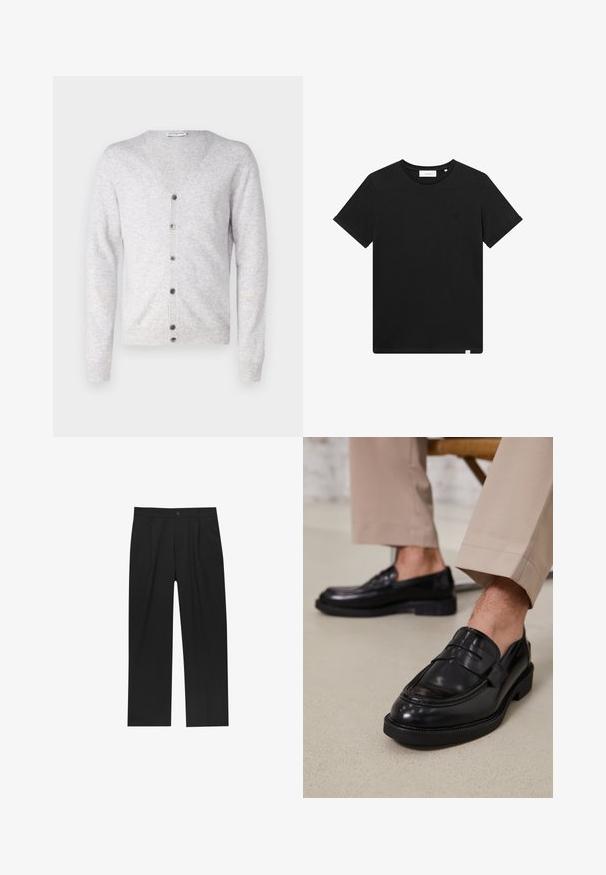 pure cashmere MEN V NECK CARDIGAN - Kardigan - grey; Černé tričko s krátkým rukávem vyrobené z bavlny, s kulatým výstřihem a malým vyšitým logem na hrudi. Hladká textura, standardní střih.; Černé kalhoty s rovnými nohavicemi, vyrobené z hladké tkaniny. Mají přední záhyby a jedno knoflíkové zapínání v pase.; Černé kožené loafers s hladkým povrchem, zdobené páskem a kontrastním prošíváním, spárované s béžovými kalhotami.