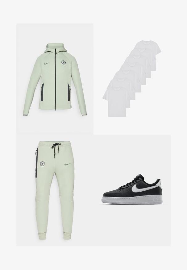 Hoodie vert clair avec fermeture éclair, arborant un logo circulaire de Chelsea FC, des accents noirs et deux poches avant zippées.; T-shirts en coton blanc, à manches courtes, design col rond, texture uniforme, empilés en rangée, avec un logo subtil au niveau de l'encolure.; Pantalons de survêtement vert clair au design ajusté, arborant un logo Chelsea FC et un swoosh Nike, poches latérales avec accents noirs et poignets élastiques.; Baskets en cuir noir avec surface texturée, swoosh Nike blanc, semelle grise, bout rond et design à lacets. Comprend des perforations sur la boîte à orteils.