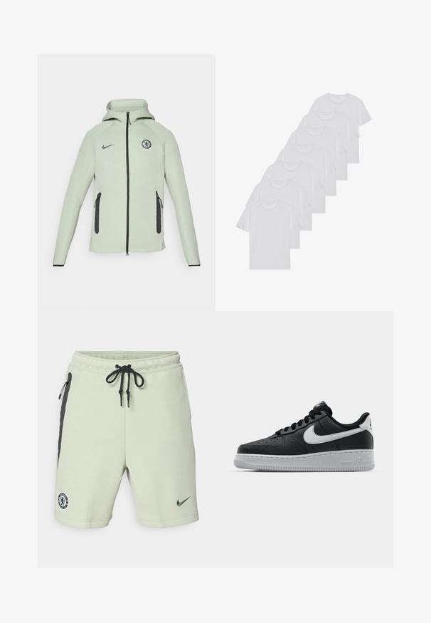 Sudadera verde claro con cierre de cremallera, que presenta un logo circular del Chelsea FC, detalles en negro y dos bolsillos frontales con cremallera.; Camisetas de algodón blancas, de manga corta, con diseño de cuello redondo, textura lisa, apiladas en una fila, con un sutil logo en el cuello.; Pantalones cortos deportivos de color verde claro con acentos negros, cinta ajustable en la cintura, bolsillos laterales y logo bordado del Chelsea FC. Fabricados con un tejido suave.; Zapatilla negra de cuero con superficie texturizada, logo de Nike en blanco, suela gris, puntera redonda y diseño de encaje. Presenta perforaciones en la puntera.