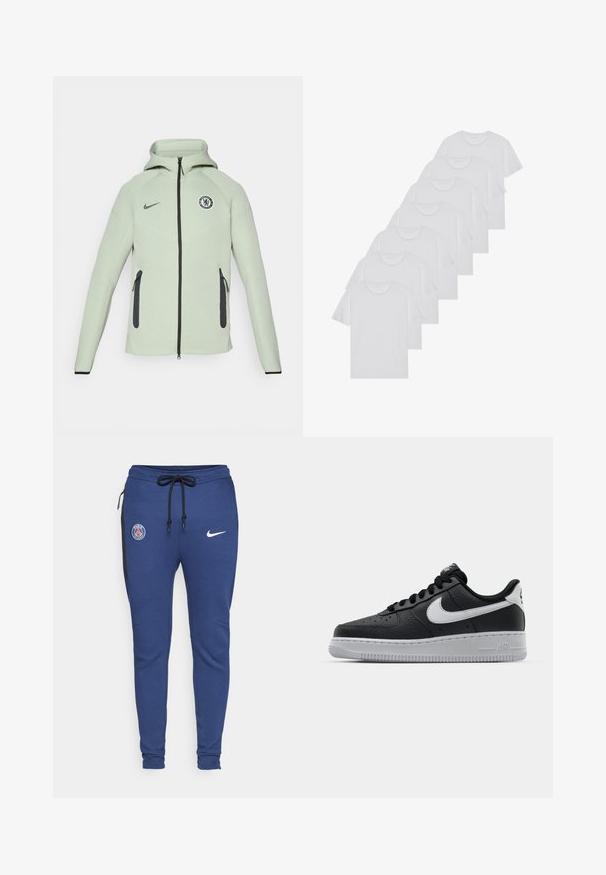 Light green hoodie with a zip closure, featuring a circular Chelsea FC logo, black accents, and two front zippered pockets.; White cotton T-shirts, short sleeves, crew neck design, plain texture, stacked in a row, with subtle branding at the neckline.; Blue athletic sweatpants with a drawstring waist, side zipper pockets, black accents, and logos: PSG emblem and Nike swoosh.; Black leather sneaker with textured surface, white Nike swoosh, gray sole, round toe, and lace-up design. Features perforations on toe box.