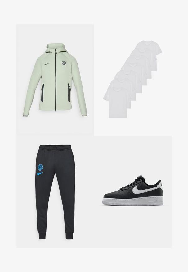 Lys grøn hettegenser med glidelås, med et sirkulært Chelsea FC-logo, svarte detaljer og to frontlommer med glidelås.; Hvite bomulls T-skjorter, korte ermer, rund hals-design, enkel tekstur, stablet i en rekke, med subtil merking ved halsen.; Sorte joggebukser med en smal design, med blå Inter Milan-logo og Nike-svikt på venstre ben. Myk, elastisk midjebånd.; Svart lær sneakers med teksturert overflate, hvit Nike swoosh, grå såle, rund tå og snøredesign. Har perforeringer på tåboksen.