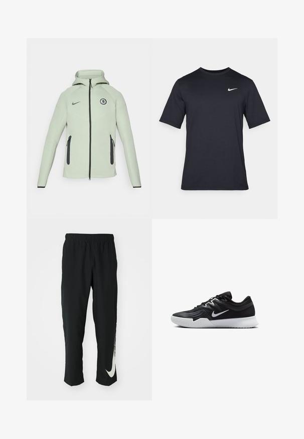 Hele roheline kapuutsiga jakk, millel on lukuga sulgemine, ümmargune Chelsea FC logo, mustad aksessuaarid ja kaks eesmist lukuga taskut.; Must tume musta Nike t-särk, mis on valmistatud siledast kangast, valge swoosh logo vasakul ülanurgas, ümar kaelus.; Mustad mustad sportlikud püksid elastse vöökohtadega, kitseneva disainiga, millel on vasakul jalal suur valge Nike logo. Pehme, kerge kangas.; Must mustad jalanikesad rikaste ülaservaga, valge Nike swoosh'i ja valge kummist välispõhjaga. Omab paeltega sulgemisdetaili ja dünaamilist kuju.