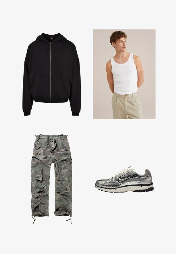 Čierna mikina na zips s kapucňou, dlhými rukávmi a dvoma prednými vreckami. Vyrobená z mäkkej zmesi bavlny s rebrovanými manžetami a lemom.; Biely bavlnený top bez rukávov s okrúhlym výstrihom a širokými ramienkami, spárovaný s svetlolososťovými nohavicami s gombíkom a záhybmi.; Zelené a šedé maskáčové cargo nohavice so viacerými vreckami, elastickým pásom, nastaviteľnými manžetami na členkoch a voľným strihom.; Strieborná a čierna športová obuv s vrchnou časťou z mäkkej textílie a syntetického materiálu, objemový dizajn a textúrovaný povrch. Obsahuje polstrovaný golier a gumovú podrážku.