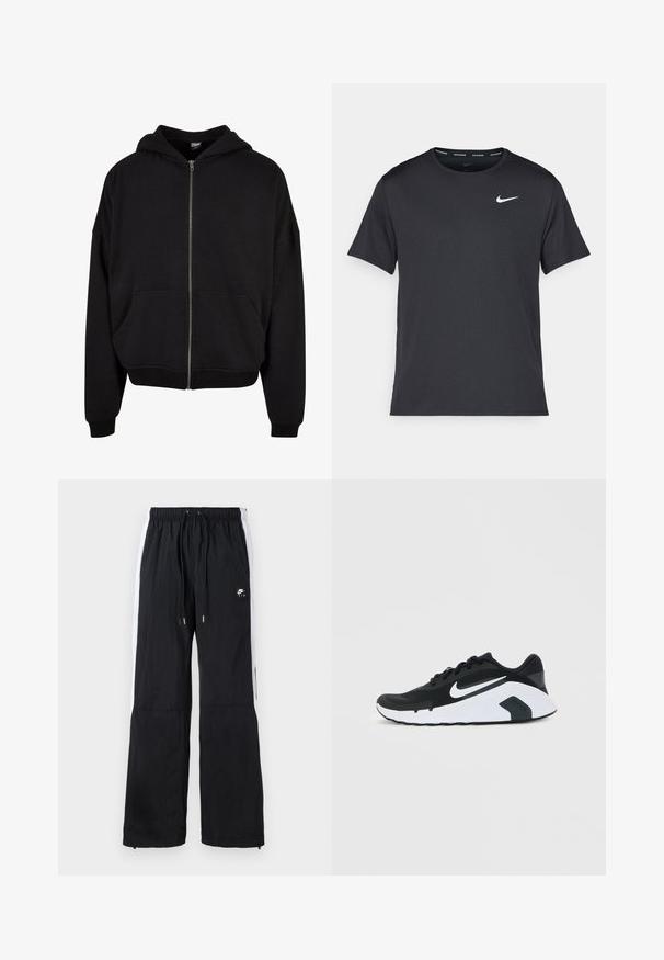 Crna dukserica s patentnim zatvaračem, kapuljačom, dugim rukavima i dva prednja džepa. Izrađena od mekog pamuka s dodatkom, s rebrastim manžetama i obrubom.; Crna Nike majica za trčanje napravljena od laganog, prozračnog materijala, s kratkim rukavima i malim bijelim logotipom na prsima.; Crne sportske hlače s elastičnim pojasom, bijelim bočnim prugama, patentnim zatvaračima na manžetama i gumiranim logotipom na prednjoj strani.; Crna i bijela Nike trkaća cipela s bijelim swoosh logotipom, dizajn sa vezicama i mekanim đonom, prikazana sa strane na jednostavnoj pozadini.