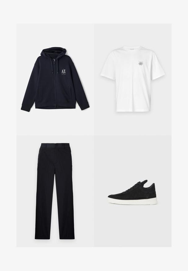 Jūras flotes krāsu kapuci ar rāvējslēdzēju, izgatavots no mīksta auduma, ar priekšējo logo, divām sānu kabatām un regulējamu auklu kapuci. Brīvā piegriezuma dizains.; Baltas kokvilnas T-krekls ar īsām piedurknēm, apaļu dekoltē un mazu pelēku logo kreisajā krūšu daļā. Gluda tekstūra.; Melni bikses ar vieglu, teksturētu audumu, taisnu kāju dizainu, elastīgu jostu un sānu rāvējslēdzēju kabatām.; Melna zamša apavi ar baltu gumijas zoli, ar tonālu izšuvumu un auklu dizainu. Gluda tekstūra ar mūsdienīgu, plūstošu formu.