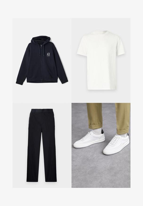 Felpa con zip blu navy in morbido tessuto, con logo frontale, due tasche laterali e cappuccio regolabile con cordino. Design dalla vestibilità comoda.; T-shirt bianco a maniche corte con superficie leggermente testurizzata e scollo rotondo. Nessun motivo visibile o dettagli in metallo.; Pantaloni neri realizzati in un tessuto leggero e strutturato, con taglio dritto, vita elasticizzata e tasche laterali con zip.; Sneaker bianchi con finitura in pelle testurizzata, punta arrotondata e accentuazione nera sul tallone. Suola in gomma con piccolo motivo di battistrada e dettagli cuciti.