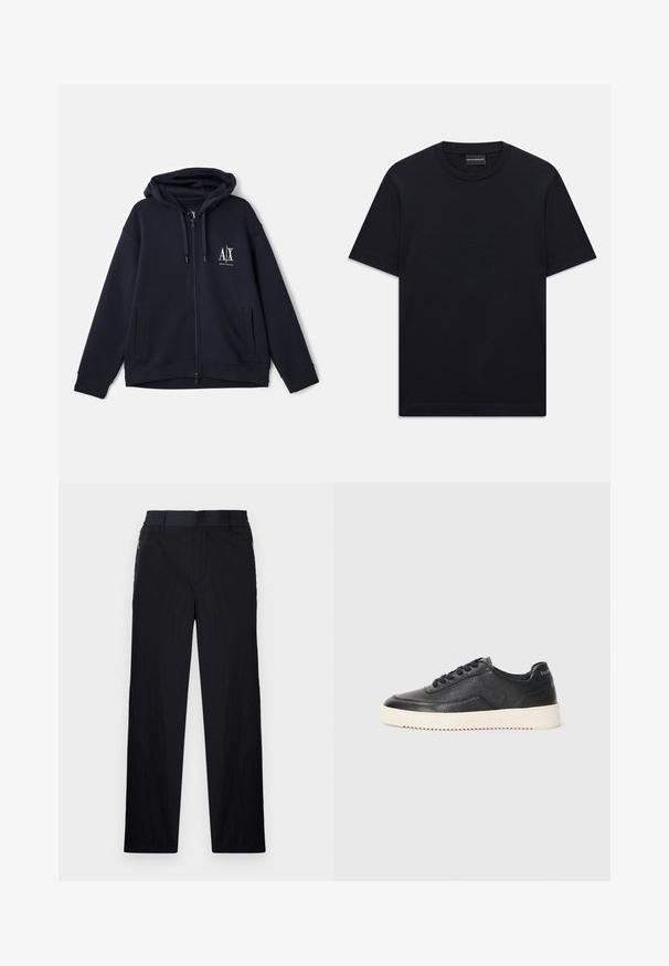 Mornarska zip-up kapa iz mehkega blaga, z sprednjo logotipom, dvema stranskima žepoma in nastavljivim kapuco z vrvico. Ohlapen kroj.; Črna kratka majica s kratkimi rokavi z okroglim izrezom, z diskretno embosirano logotipno zasnovo, ki je osredotočena na prsih, ter oznako blagovne znamke znotraj ovratnika.; Črne hlače iz lahke, teksturirane tkanine, ravne noge, elastičen pas in stranski žepki na zadrgo.; Črne usnjene superge z teksturiranim zaključkom, okroglo konico in ravnim belim gumijastim podplatom. Imajo črne vezalke in označbo na peti.