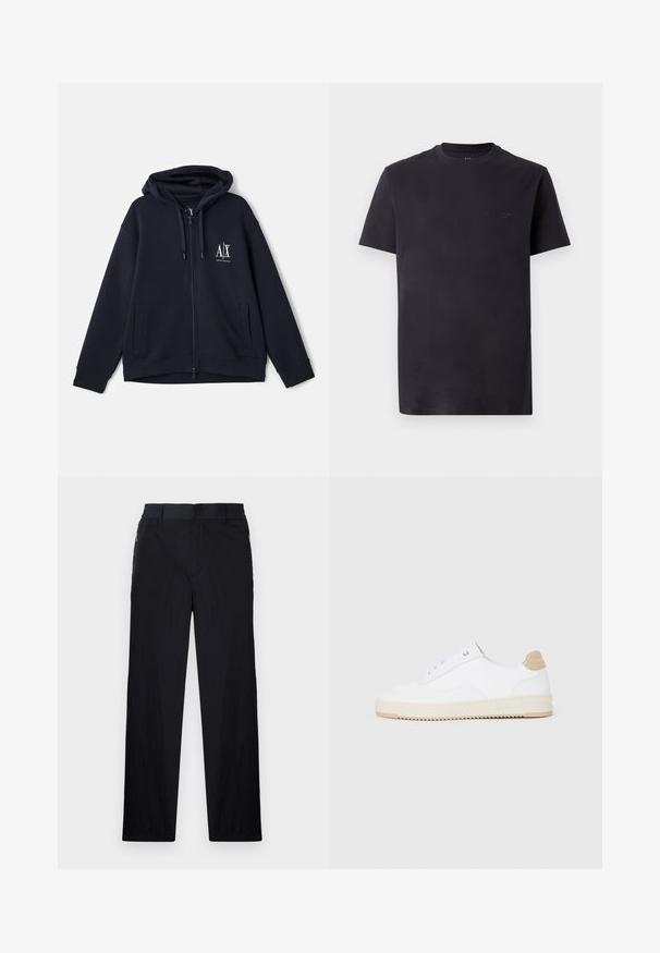 Marineblå zip-up hættetrøje i blødt stof, med et frontlogo, to sidelommer og en justerbar snoretrækshætte. Afslappet pasform.; Sort bomulds T-shirt med rund hals, korte ærmer og præget logo detalje på brystet. Glat tekstur, afslappet pasform.; Sorte bukser i let, struktureret stof, med lige ben, elastisk talje og sidelommer med lynlås.; Hvide lavt-op sneakers med en tekstureret læderoverdel, cremefarvet ribbet sål og en tan hælaccent. Har hvide snørebånd og logo-detalje på hælen.