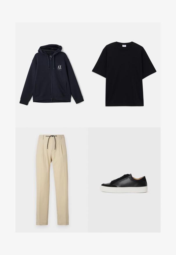 Námořnická mikina na zip z měkké tkaniny, s předním logem, dvěma bočními kapsami a nastavitelnou kapucí se šňůrkou. Volný střih.; Černé oversized tričko s krátkým rukávem, kulatým výstřihem a viditelnou značkou Filippa K uvnitř límce.; Bežové kalhoty se rovný fit, mají elastický pas, sklady na přední straně a hladkou strukturu. Jednoduchý, univerzální design.; Černé kožené tenisky s semišovými akcenty, kulatá špička, plochá bílá gumová podrážka a kontrastní textury na těle a tkaničkách.