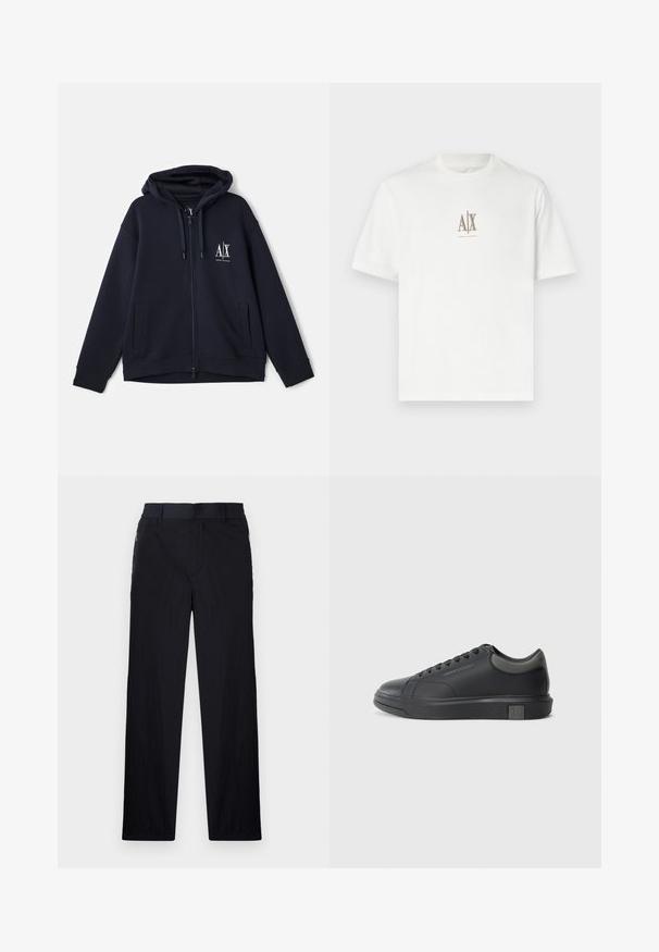Marineblå zip-up hættetrøje i blødt stof, med et frontlogo, to sidelommer og en justerbar snoretrækshætte. Afslappet pasform.; Hvid bomulds T-shirt med rund hals. Har et lille beige logo "A|X" og "ARMANI EXCHANGE" trykt nedenunder. Kortærmet, almindelig pasform.; Sorte bukser i let, struktureret stof, med lige ben, elastisk talje og sidelommer med lynlås.; Sorte lædersneakers med en glat finish, rund tå og mørke grå accenter. Har snørebåndsdesign og tekstureret gummisål.