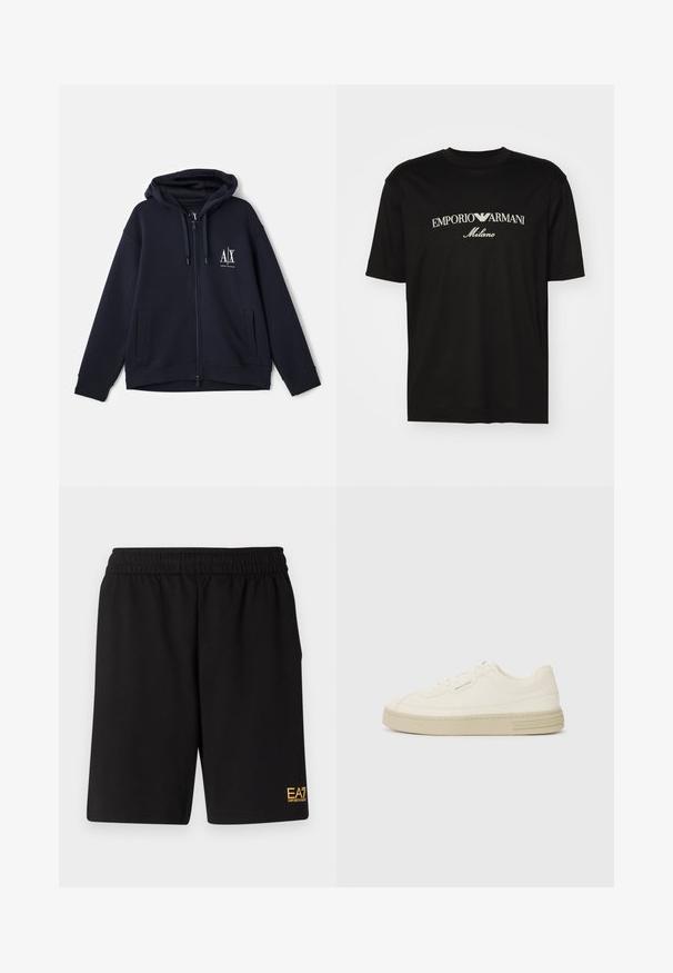 Sudadera con cremallera en color navy de tejido suave, con un logo frontal, dos bolsillos laterales y capucha ajustable con cordón. Diseño de corte relajado.; Camiseta de algodón negra con cuello redondo, mangas cortas y el logo de "EMPORIO ARMANI" en blanco sobre "Milano" en un diseño curvado.; Pantalones cortos deportivos negros de tejido suave, con una cintura elástica y un pequeño logo amarillo de EA7 en la parte inferior de la pierna izquierda.; Zapatillas de lona blancas con suela de goma texturizada, que cuentan con una puntera cosida y un acento de logo en el talón. Diseño simple de cordones.