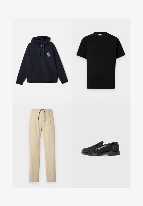 Jūras flotes krāsu kapuci ar rāvējslēdzēju, izgatavots no mīksta auduma, ar priekšējo logo, divām sānu kabatām un regulējamu auklu kapuci. Brīvā piegriezuma dizains.; Melnā kokvilnas T-kreklā ar apaļu kakla izgriezumu, īsām piedurknēm un taisnu piegriezumu. Nav redzamu rakstu vai detaļu.; Bēša bikses ar taisnu piegriezumu, ar auklu jostu, krokām priekšpusē un gludu tekstūru. Vienkāršs, daudzpusīgs dizains.; Melnas austas slaidu kurpes ar gludu ādas akcentu augšpusē, apaļas formas purngalu un zemas profila gumijas zoli.