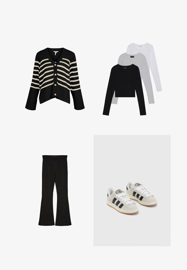 Sort cardigan med cremefarvede vandrette striber, udstyret med V-hals, lange ærmer og fem knapper foran til lukning. Blød ribbet tekstur.; Tre langærmede toppe stablet: sort, grå og hvid. Hver har en rund halsudskæring og et cropped design med glat, let stof.; Sorte flared leggings lavet af strækbart stof. Har en bred talje og en glat tekstur, med en tætsiddende silhuet der bredder sig ved sømmen.; Grå ruskinds sneakers med hvide snørebånd, sorte striber og en hvid gummisål. Har et rundt logo på tungen og en gummisål.