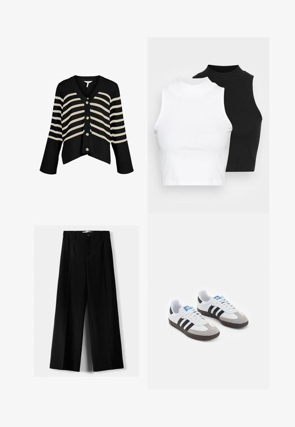 Black cardigan with cream horizontal stripes, featuring a V-neck, long sleeves, and five front buttons for closure. Soft ribbed texture.; Two sleeveless ribbed turtleneck tops in black and white, featuring a fitted design and smooth texture, with cropped length.; Black wide-leg trousers made of lightweight fabric, featuring a front button closure and flat front, with neatly stitched hems.; Sport shoes with a white leather upper, gray suede toe, and three black stripes. Features a blue logo on the tongue and a textured rubber sole.
