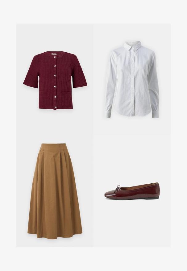 Burgundi lühikeste varrukatega kardigan, millel on tekstuuriga kudumine, ümmargune kaelus, hõbedased nööbid ja kaks eesmist taskut.; Valge nööpidega särk, mis on valmistatud siledast puuvillast. Särgil on klassikaline krae, pikad varrukad ja kaarduv äär. Nöödid on väikesed ja valged.; Pruun puuvillane A-line seelik kõrge vöökohaga, millel on voldid ees ja sile tekstuur. Pika serva viimistlus on puhas ja lihtne.; Burgundi patendnahk kingad balletitüüpi, ümmarguse ninaosa, ees väike paelaaktsent ja madal must kummist tald. Sile tekstuur.