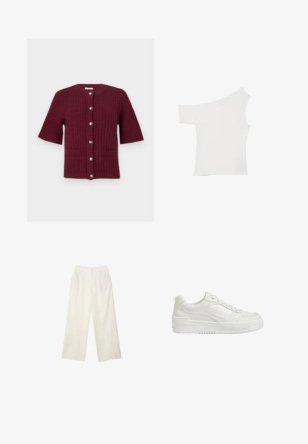 Burgundy kortärmad kardigan med ett strukturerat stickat mönster, rund hals, silverfärgade knappar och två framfickor.; Asymmetrisk vit topp i mjukt tyg, med en kort ärm och en off-shoulder design, med ett rent och minimalistiskt utseende.; Breda byxor i krämfärgad tyg med en mjuk yta, med en enda knapp fram, subtila veck och en hög midja design.; Vita lädersneakers med slät yta, vadderad ankel och perforerad tå. Har en något upphöjd gummisula och snörningsdesign.