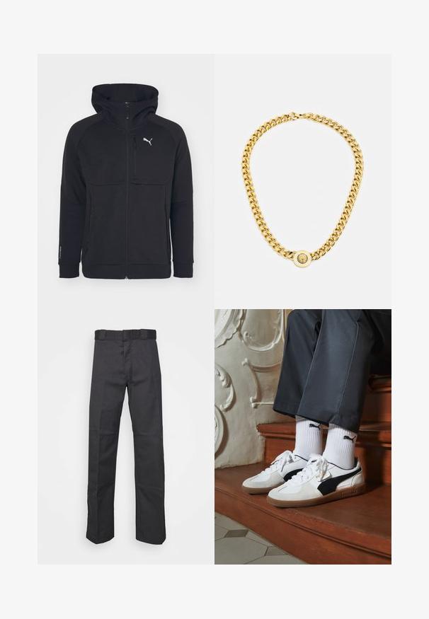 Črna zip-up kapuca iz mehkega blaga, opremljena s kapuco, stranskimi žepi in belim logotipom na levi strani prsnega koša. Gladka tekstura z modernim krojem.; Tri bele rebraste majice brez rokavov iz bombaža. Imajo okroglo izreza in majhne črne etikete blizu roba. Na voljo v več velikostih.; Črne hlače iz trpežnega blaga, z ravnim krojem, pasom z zankami za pas in šivi za dodano teksturo.; Puma superge v beli in črni usnjeni izvedbi, sročene s rjavim gumijastim podplatom. Usklajene z belimi nogavicami z črnim logotipom, nosijo se s temnimi hlačami.; Zlata verižica z velikimi medsebojnimi povezavami, ki ima v središču krožni obesek z izbočenim grbom.