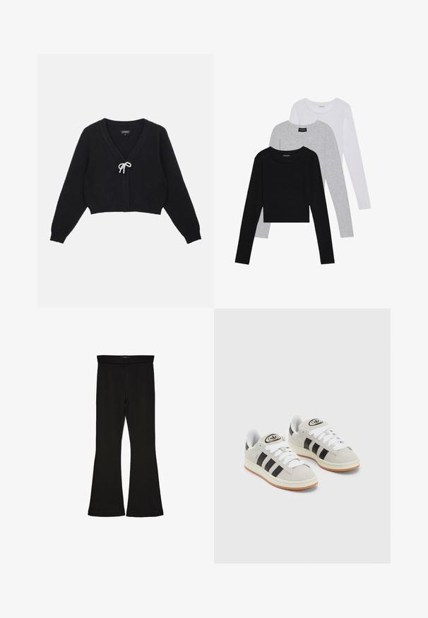 Melnā īsā kardigāna ar V-veida kakla izgriezumu, teksturētu audumu, garām piedurknēm un pērlēm rotātu loku aizdari priekšā.; Trīs garām piedurknēm veidotas augšdaļas, sakrautās: melna, pelēka un balta. Katram ir noapaļots kakla izgriezums un īsa dizaina forma ar gludu, vieglu audumu.; Melnas flared leggings, kas izgatavotas no stiepjama auduma. Iezīmējas ar platu jostasvietu un gludu tekstūru, ar pieguļošu siluetu, kas paplašinās pie apakšmalas.; Pelēkas zamšādas kedas ar baltām saites, melnām svītrām un baltu gumijas zoli. Raksturīga apļa logo uz mēles un gumijas zole.