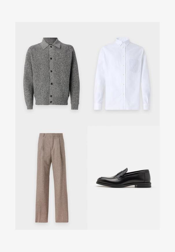 Pelēka adīta jaciņa ar apkakli, garām piedurknēm un priekšējo pogu aizdari. Ir raksturīgs teksturēts raksts un ribināta apakšmala un piedurknes.; Balts garo piedurknēm krekliņš ar pogām, izgatavots no kokvilnas, ar krūšu kabatu ar tonālu izšuvumu, apkakli un pogām pie piedurknēm.; Brūni, augstos šortos izgatavoti no teksturēta auduma. Iezīmē plašas kājas un divas priekšējās krokas, kas nodrošina struktūru. Kārtīga apdare bez redzamām detaļām.; Melnas ādas kurpes ar gludu tekstūru, noapaļu purngalu un dekoratīvu siksniņu pāri priekšpusei. Zems sakrauts papēdis, minimālisma dizains.