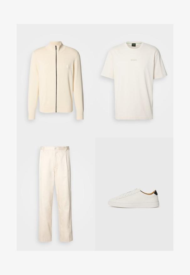 Heledat kergelt kreemjas tõmblukuga sviiter kõrge kaelusega, soonikkoes mansettide ja äärisega. Omab musta tõmblukku ja väikest ruudukujulist logo rinnal.; BOSS TEE - Lihtne T-särk - open white; Beesidised puuvillased püksid sirge jala lõikega, mis on varustatud nööpkinnituse ja ees olevate voltidega, et lisada detaili.; Valge sneaker, millel on sile nahk pealis, ümmargune varvas ja lame tald. Must aktsent kandadel, ton-sümpaatne paeltega ja minimaalne bränding.