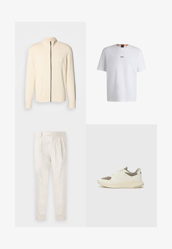 Hellbeige Zip-Up-Pullover mit hohem Kragen, gerippten Manschetten und Saum. Mit einem schwarzen Reißverschluss und einem kleinen quadratischen Logo auf der Brust.; Weißes Baumwoll-T-Shirt mit kurzen Ärmeln, ausgestattet mit einem schwarzen "BOSS"-Logo, das mittig auf der Brust platziert ist, und einem runden Halsausschnitt.; Weiße, plissierte Hose mit taillierten Schnitt, die eine glatte Textur, Gürtelschlaufen und schmal zulaufende Beine aufweist. Keine sichtbaren Taschen oder Muster.; Weiße und hellbeige Sport Sneakers, ausgestattet mit einem Obermaterial aus Netzgewebe, perforierten Details und einer strukturierten Zwischensohle mit Branding an der Ferse.