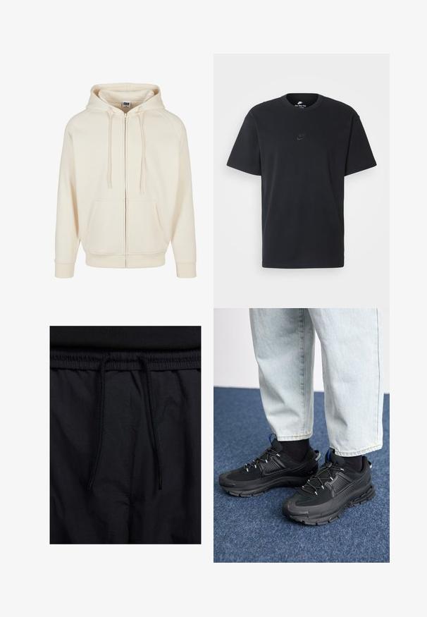 Cremfarbener Sweatshirt mit Reißverschluss vorne, Kapuze mit Kordelzug, Taschen vorne und gerippten Bündchen. Glatte Stoffstruktur und lässiges Design.; Schwarzes Baumwoll-T-Shirt von Nike mit klassischem Rundhalsausschnitt, kurzen Ärmeln und einem dezenten, geprägten Logo auf der Brust. Glatte Textur.; Schwarze Shorts mit einem Kordelzugbund, leichtem Stoff mit glatter Textur und einem schlichten Design ohne sichtbare Logos oder Muster.; Schwarze Sportschuhe aus strukturiertem Stoff mit Gummisohlen, ausgestattet mit elastischen Schnürsenkeln und einem blauen Akzent an der Ferse. Getragen mit hellen Jeans.