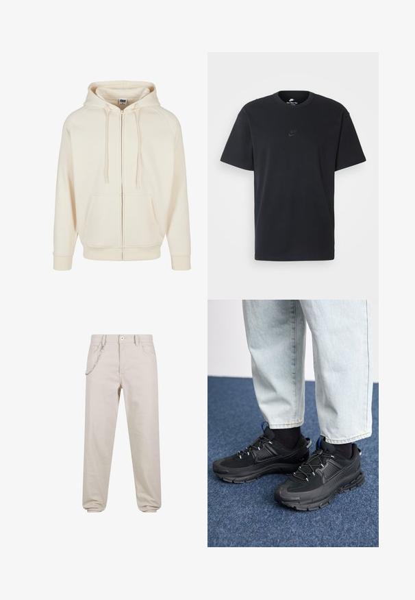 Krämfärgad sweatshirt med dragkedja fram, snörning i huvan, framfickor och ribbade muddarna. Slät tygtextur och avslappnad design.; Svart t-shirt i bomull från Nike med klassisk rund halsringning, korta ärmar och en diskret, präglad logotyp på bröstet. Slät textur.; Beiga bomullsbukser med en avslappnad passform, utrustade med detalj av en kedja på framfickan och knäppning med knapp. Vristerna är smalare.; Svarta sportskor med texturerat tyg och gummisulor, med elastiska snörningar och en blå detalj på hälen. Bärs med ljusa jeans.