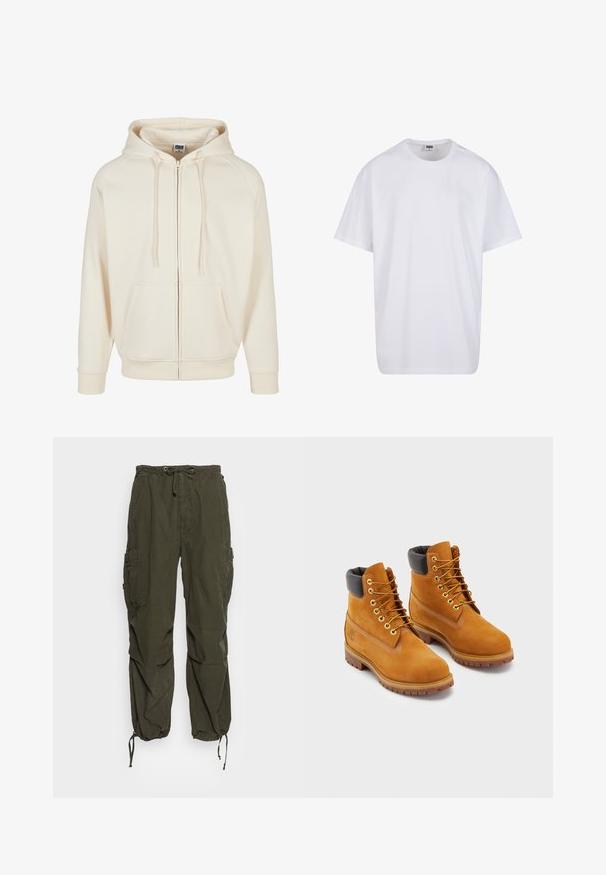 Cream sweatshirt with a zip front, drawstring hood, front pockets, and ribbed cuffs. Smooth fabric texture and casual design.; White cotton t-shirt with short sleeves, rounded neckline, relaxed fit, and no visible logos or patterns. Smooth texture and minimal design.; Cargo pants in olive green, featuring an elastic waistband with drawstring, multiple pockets, and adjustable cuffs for a tapered fit.; Leather work boots in tan with black padded collar, gold eyelets, and brown rubber soles. Features contrasting stitching and a logo on the side.