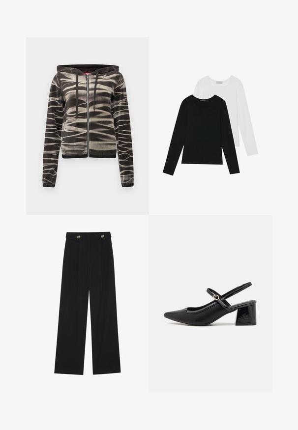 Juodas ir smėlinis užtrauktukas hoodie su banguota raštu, reguliuojama kapuce ir gumbuotos rankovėmis bei apačia. Pagamintas iš švelnios, tekstūruotos medžiagos.; Du suknelės su ilgomis rankovėmis, viena juoda ir viena balta, abi su kvadratiniu iškirpimu ir pagamintos iš minkštos, elastingos medžiagos.; Juodi plačios kojos kelnės su aukštu liemeniu, sagų detalėmis ant liemens ir priekinėmis raukšlėmis.; Juodi patentinio odos slingback aukštakulniai su smailiu pirštu, apvaliu išpjovimu ir blokiniu kulnu. Papuošti auksiniu juostos akcentu.