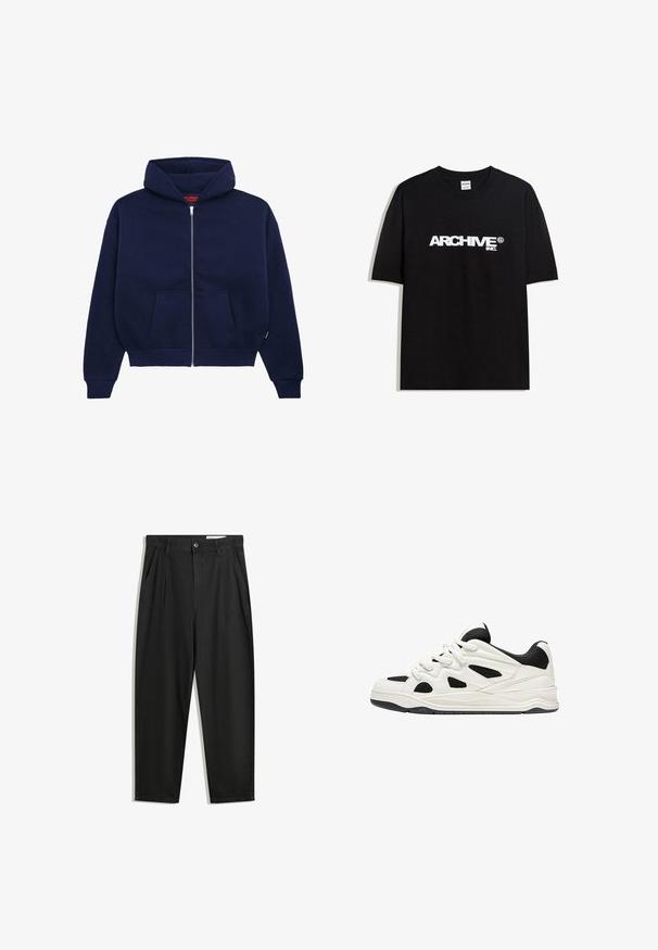 Felpa con zip di colore blu navy realizzata in morbido cotone misto. Caratterizzata da una tasca frontale a kangaroo, polsini a costine e un cappuccio spazioso.; T-shirt in cotone nero con il logo bianco "ARCHIVE inc." stampato sul petto, maniche corte e colletto a girocollo.; Pantaloni in cotone neri con una vestibilità rilassata, dotati di una vita classica, pieghe frontali e tasche laterali. Tessuto liscio senza fantasie.; Scarpe da ginnastica bianche e nere con suola testurizzata, caratterizzate da intagli sui lati e lacci, e una schiena imbottita per il supporto.