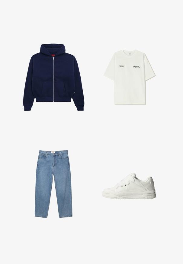 Felpa con zip di colore blu navy realizzata in morbido cotone misto. Caratterizzata da una tasca frontale a kangaroo, polsini a costine e un cappuccio spazioso.; T-shirt bianco in cotone con maniche corte. La parte anteriore presenta testo nero: "NON DOMANI NON OGGI" e "L'ARTE DEL MUOVERE LA POLVERE" in corsivo verde.; Jeans in denim blu chiaro con taglio dritto, design a cinque tasche e etichetta del marchio visibile in vita.; Sneaker bianche con un esterno in pelle liscia, linguetta imbottita, lacci piatti e accenti testurizzati sui lati e sul tallone.