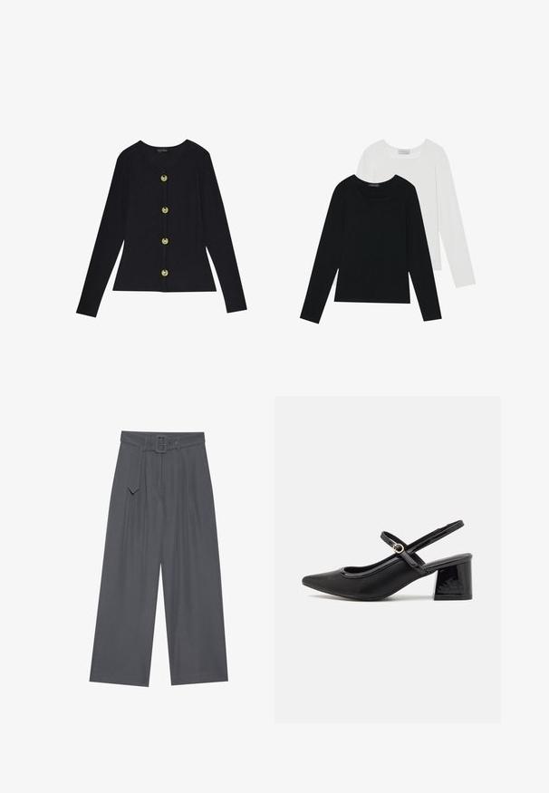 Must have pikkade varrukatega must riba top, millel on ümar kaelus ja viis kuldset nööpi esiosal, sobiva silueti ja pehme tekstuuriga.; Kaks pikka varrukatoppi, üks must ja teine valge, mõlemad ruudukujulise kaelusega ja valmistatud pehmest, venivast kangast.; Tumedahed püksid tumesinises kangas, kinnitatud vööga, millel on ees voldid ja sile tekstuur. Ilma lisamustrite või aksessuaarideta.; Mustad läikivad nahast slingback-kõrged kontsad, millel on terav nina, ümar lõikekujundus ja blokknina. Omab kuldset nupu aktsenti.