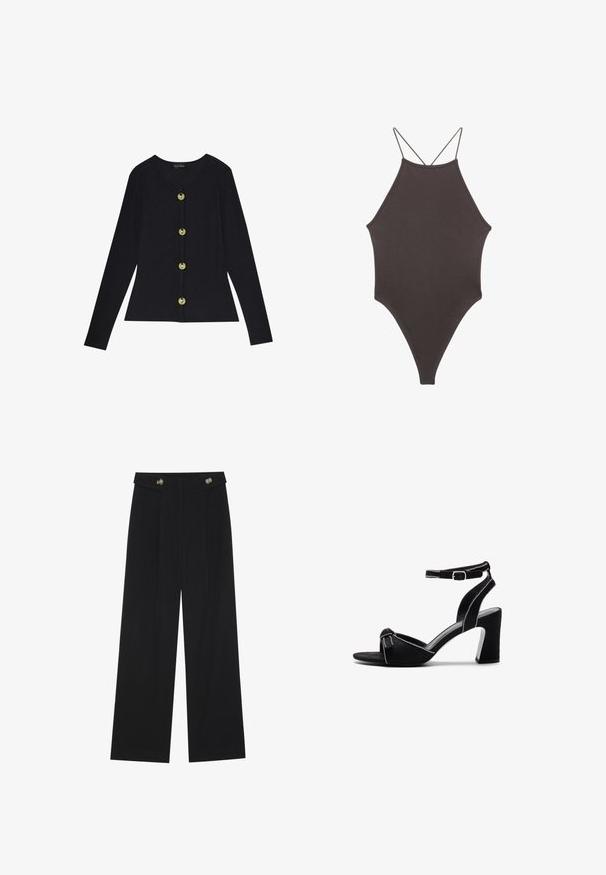 Crni rebrasti dugi rukav s okruglim izrezom i pet zlatnih dugmadi sprijeda, s uskim siluetom i mekom teksturom.; Smeđi jednodijelni kupaći kostim s visokim ovratnikom i tankim, prilagodljivim trakama; ima visoko izrezane nogavice i glatku teksturu. Bez uzoraka ili dekoracija.; Crne hlače širokih nogavica s visokim strukom, s dugmadi na pojasu i prednjim nabora.; Crne antilop sandale na petu s širokim blok petom, podesivim remenom oko gležnja, otvorenim prstima i kontrastnim šavovima.