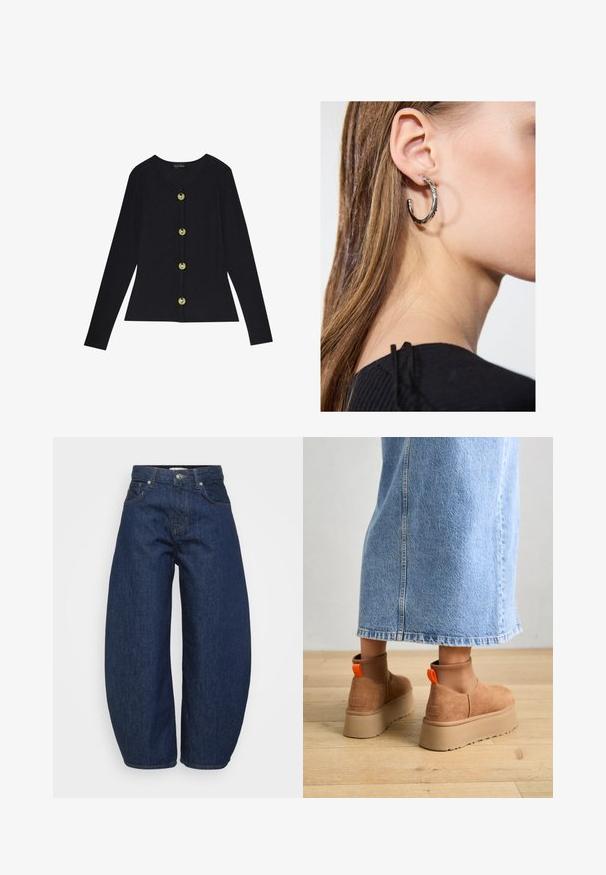 Schwarzes, gestreiftes Langarmoberteil mit rundem Ausschnitt und fünf goldfarbenen Knöpfen auf der Vorderseite, mit figurnahen Schnitt und weicher Textur.; Even&Odd Petite 2 PACK - Top - light grey/black; Dunkelblaue Denim-Jeans mit weitem, lockerem Schnitt. Verfügt über einen Reißverschluss, vier Taschen und kontrastierende Nähte entlang der Nähte.; Braune Wildleder-Plateau-Stiefel mit elastischen Seitenpaneelen und orangen Zuglaschen, kombiniert mit einem knielangen hellen Jeansrock auf einem Holzboden.; Silberne Creolen mit polierter Oberfläche, die kleine goldene Akzentdetails und eine runde Form aufweisen, am Ohrläppchen getragen.